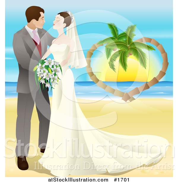 Vector Illustration of a Romantic Newlywed Couple Gazing and Standing on a Tropical Beach