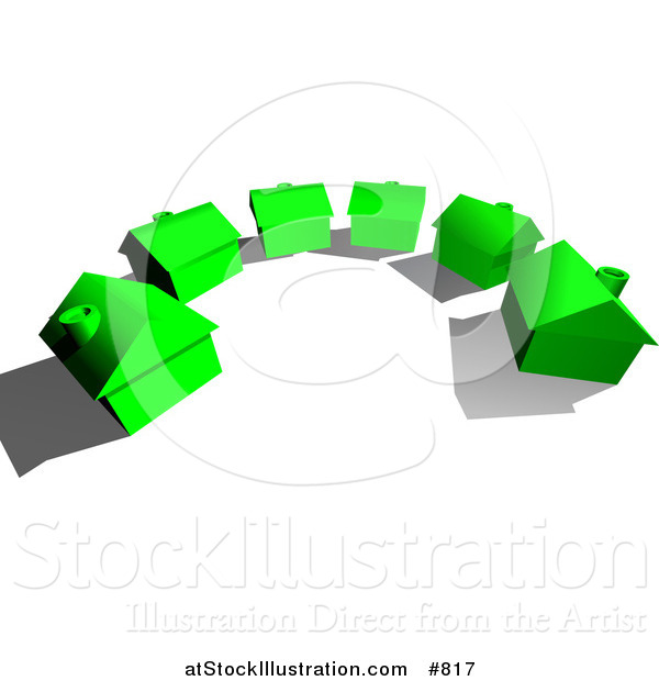 Vector Illustration of a Row of New, Green, Energy Efficient Homes in a Subdivision Neighborhood on a Dead End Cul De Sac Street, Ready to Be Sold, Real Estate