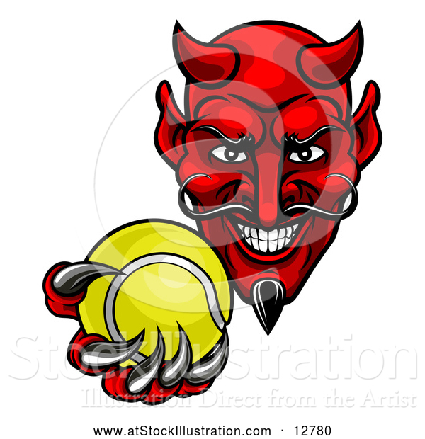 Vector Illustration of a Ruthless Tennis Devil Grinning While Gripping Ball