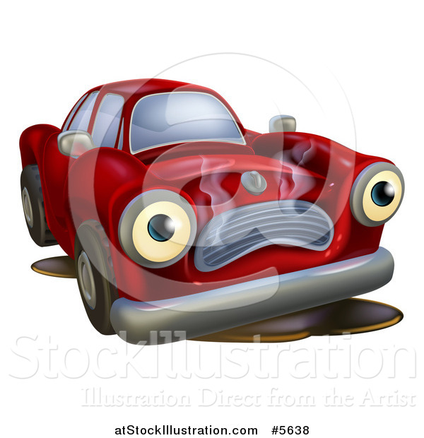 Vector Illustration of a Sad Broken down Car Leaking Oil