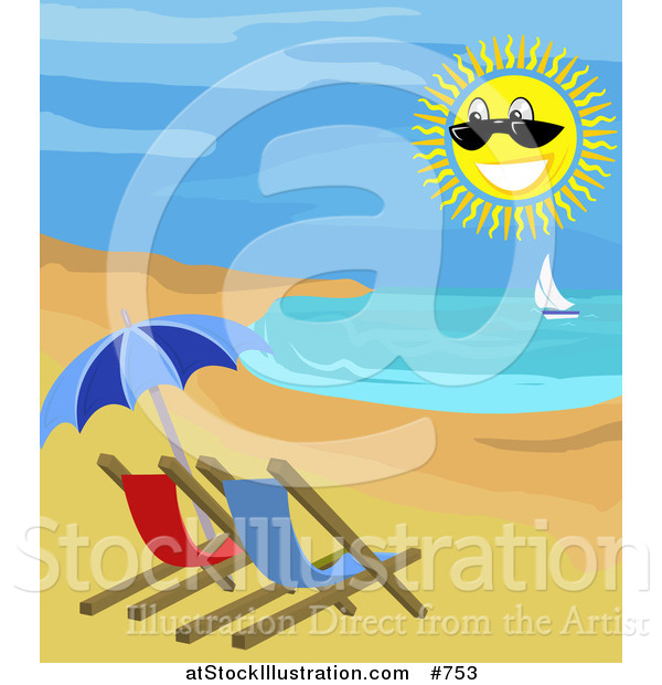 Vector Illustration of a Sailboat, Happy Sun and Chairs on a Beach