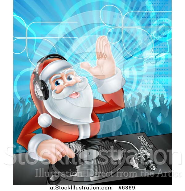 Vector Illustration of a Santa Claus Dj Mixing Christmas Music on a Turntable with People Dancing in the Background
