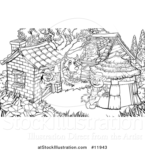 Vector Illustration of a Scne of the Wolf and the Three Pigs in Their Brick, Wood and Straw Houses, Black and White
