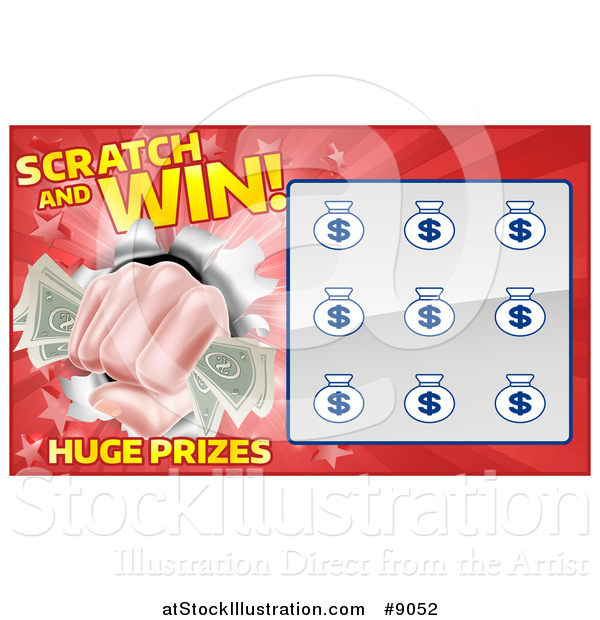 Vector Illustration of a Scratch and Win Lottery Ticket Design with a Fisted Hand Holding Cash Money