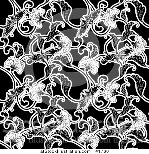 Vector Illustration of a Seamless Black and White Background of Japanese Styled Flowers and Butterflies