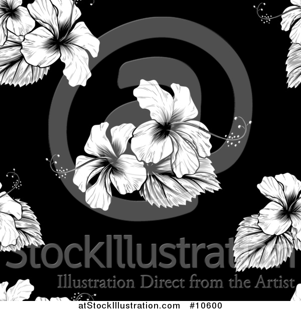 Vector Illustration of a Seamless Black and White Tropical Hibiscus Flower Background Pattern