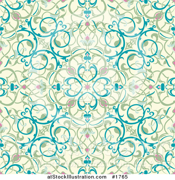 Vector Illustration of a Seamless Green, Beige and Blue Middle Eastern Floral Background