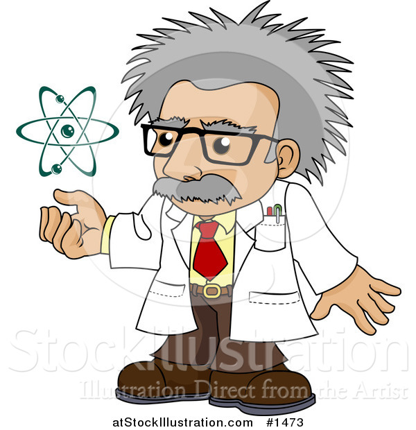 Vector Illustration of a Senior, Gray Haired Scientist Holding His Hand Under a Spinning Galaxy