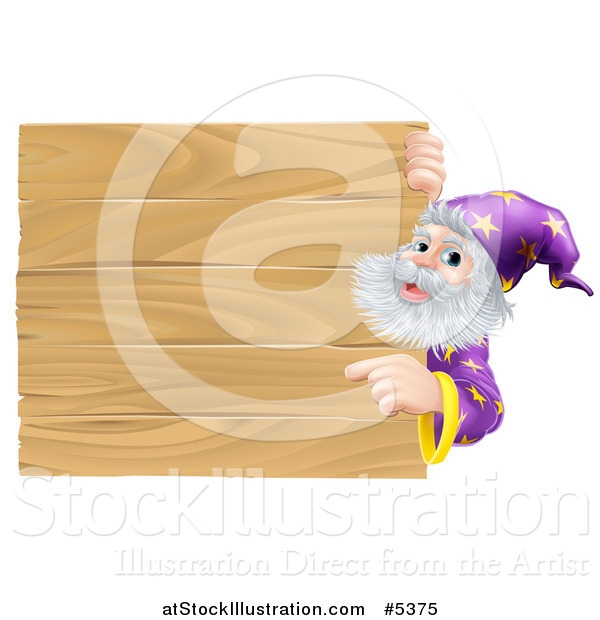 Vector Illustration of a Senior Male Wizard Pointing at a Wooden Sign