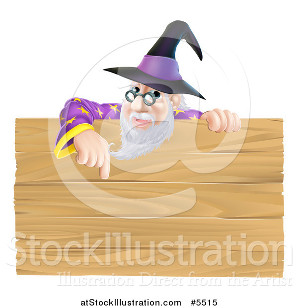 Vector Illustration of a Senior Male Wizard Pointing down at a Wooden Sign