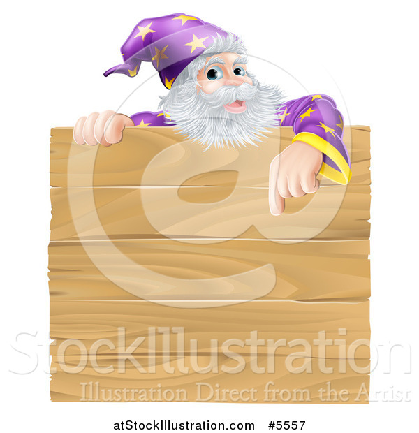 Vector Illustration of a Senior Male Wizard Pointing down at a Wooden Sign