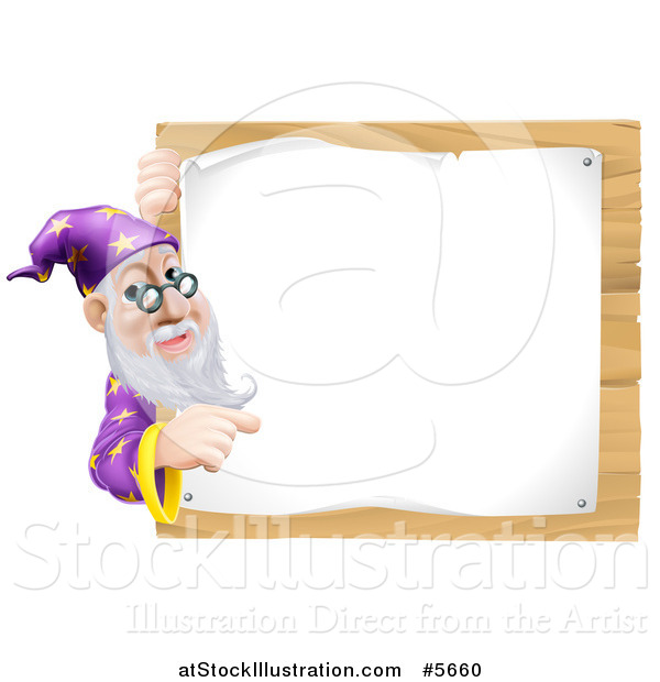 Vector Illustration of a Senior Wizard Pointing Around a Posted Notice Sign on Wood