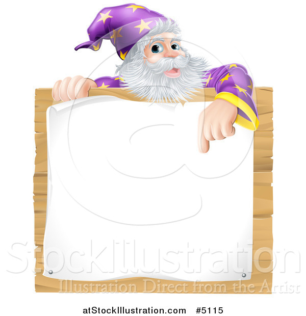 Vector Illustration of a Senior Wizard Pointing down to a Posted Notice Sign