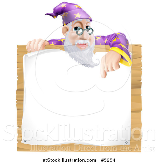 Vector Illustration of a Senior Wizard Pointing down to a Posted Notice Sign on Wood