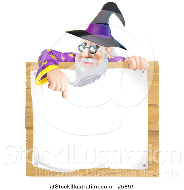Vector Illustration of a Senior Wizard Pointing down to a Posted Notice Sign on Wood