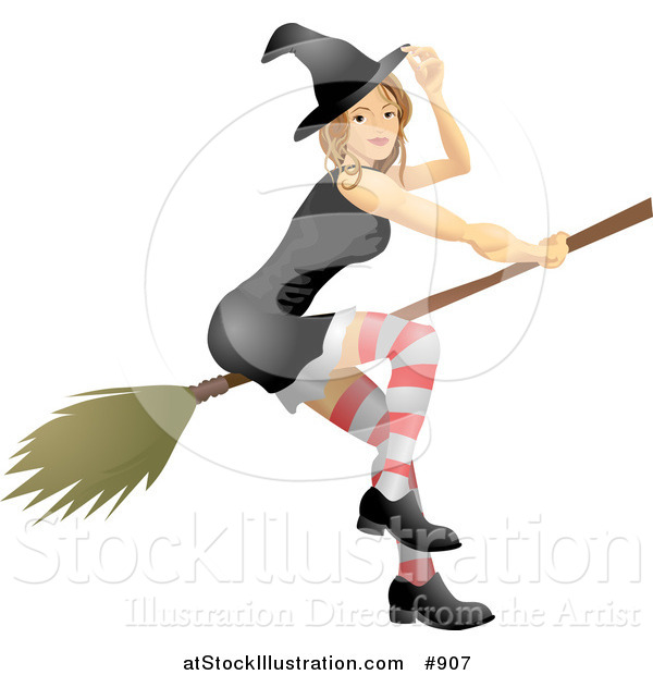 Vector Illustration of a Sexy Blond Witch in a Tight Black Dress, Stockings, Hat and Black Shoes, Flying Through the Sky on a Broom