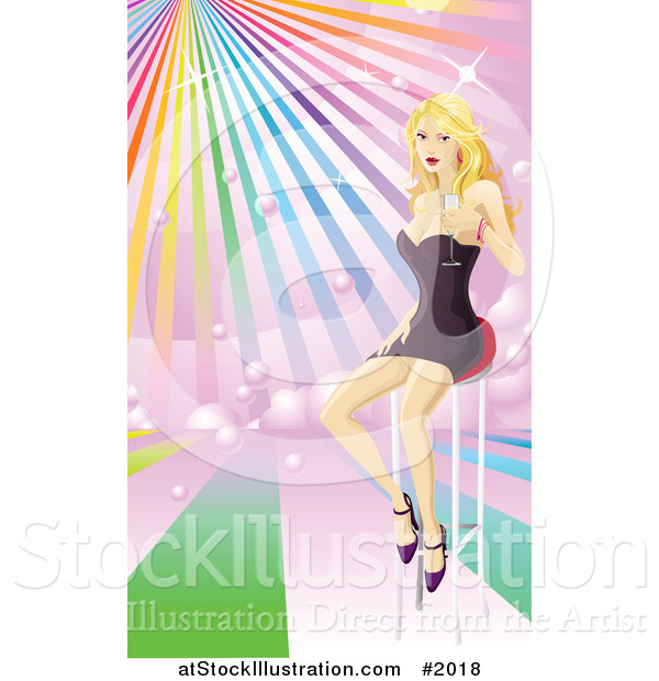 Vector Illustration of a Sexy Blond Woman Sitting on Barstool with Champagne, over Rainbow Rays