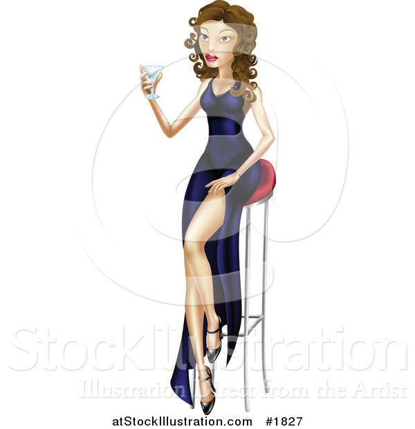 Vector Illustration of a Sexy Brunette Woman in a Long Dress, Holding a Cocktail and Sitting on a Stool