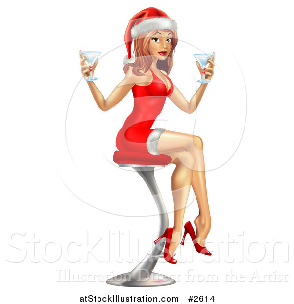 Vector Illustration of a Sexy Christmas Pinup in a Santa Hat and Red Dress Sitting with Drinks