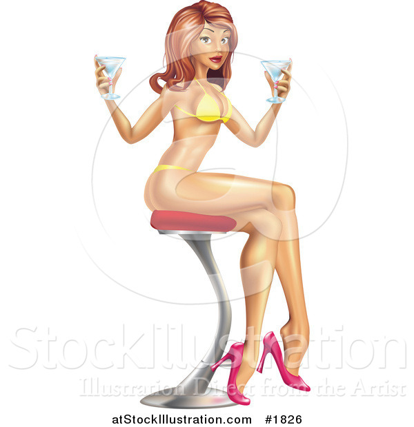 Vector Illustration of a Sexy Pinup Woman in a Bikini, Sitting on a Stool and Holding Cocktails