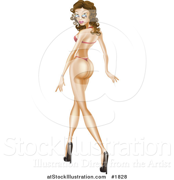 Vector Illustration of a Sexy Pinup Woman Walking in Heels a Thong Bikini, Looking Back over Her Shades