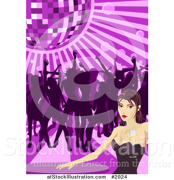 Vector Illustration of a Sexy Woman Holding Champagne at a Table While Others Dance Under a Disco Ball