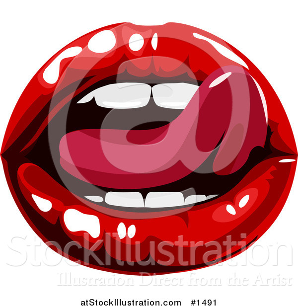 Vector Illustration of a Sexy Woman's Tongue Licking Her Luscious Red Lips