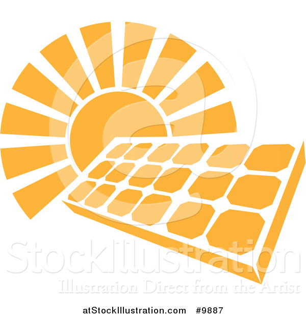 Vector Illustration of a Shining Orange Sun Behind a Solar Panel Photovoltaics Cell