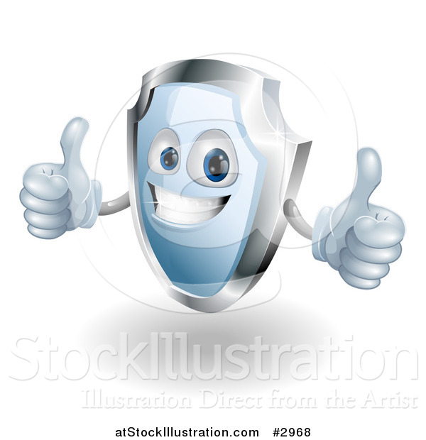 Vector Illustration of a Shiny 3d Blue Shield Mascot Holding Two Thumbs up