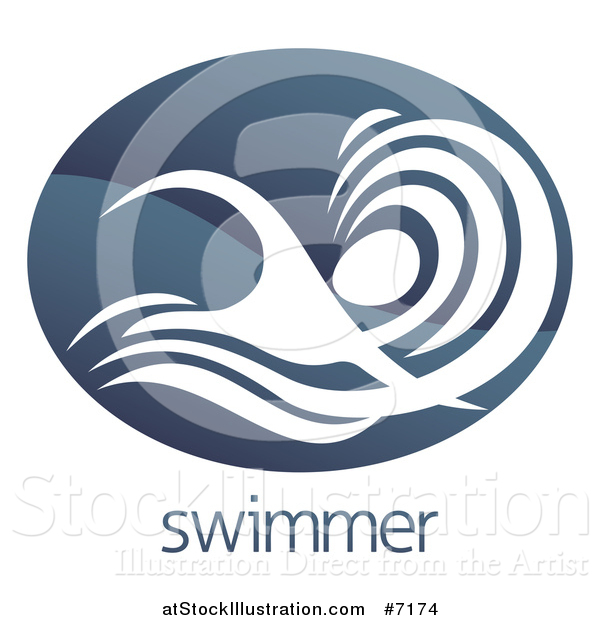 Vector Illustration of a Shiny Gradient Dark Blue Abstract Swimmer Doing the Butterfly in Waves over Sample Text