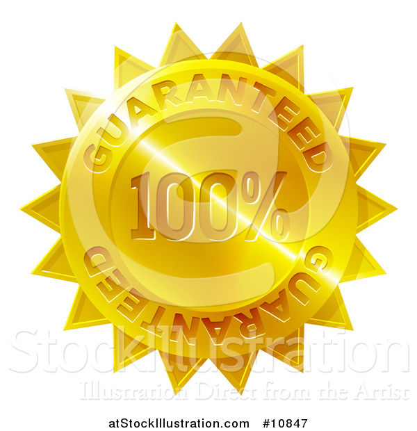 Vector Illustration of a Shiny Gradient Golden Star Shaped 100 Percent Guaranteed Metal Award Badge