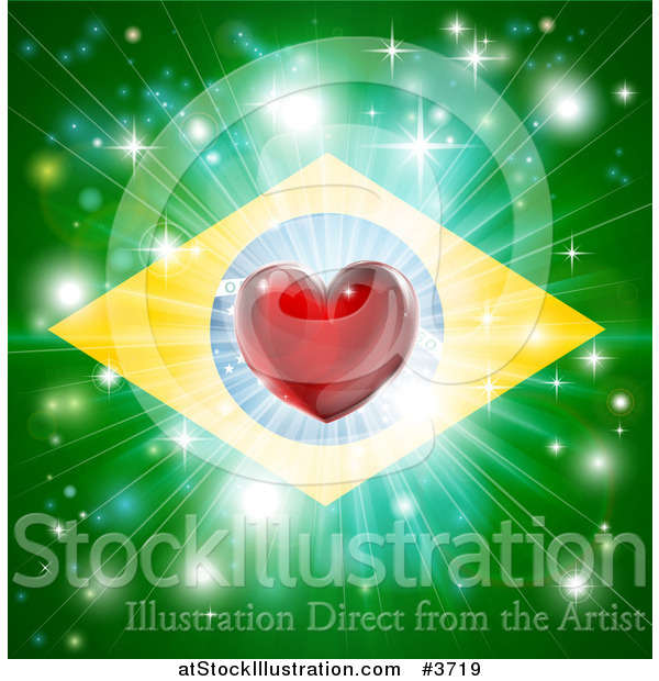 Vector Illustration of a Shiny Red Heart and Fireworks over a Brazil Flag