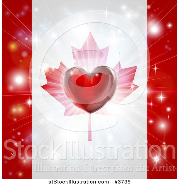 Vector Illustration of a Shiny Red Heart and Fireworks over a Canadian Flag