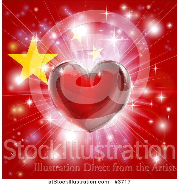 Vector Illustration of a Shiny Red Heart and Fireworks over a Chinese Flag