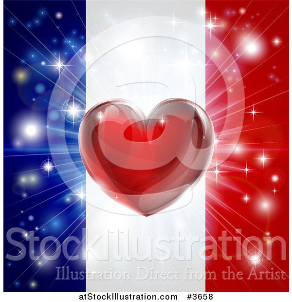Vector Illustration of a Shiny Red Heart and Fireworks over a French Flag
