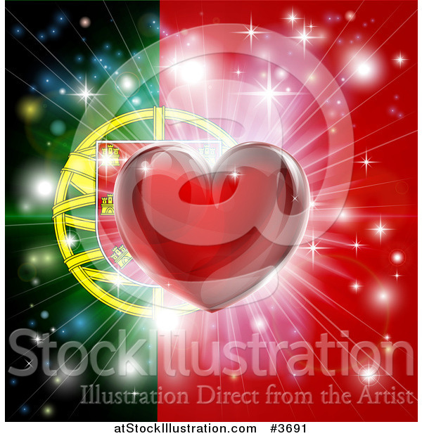 Vector Illustration of a Shiny Red Heart and Fireworks over a Portugese Flag