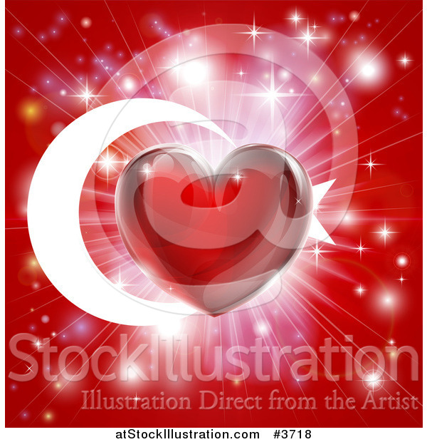 Vector Illustration of a Shiny Red Heart and Fireworks over a Turkey Flag