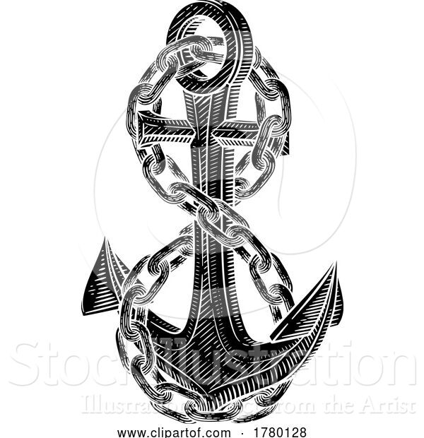 Vector Illustration of a Ship Anchor and Chain Nautical Woodcut Drawing