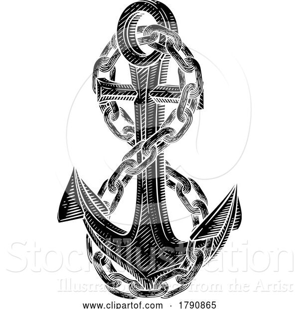 Vector Illustration of a Ship Anchor and Chain Nautical Woodcut Drawing