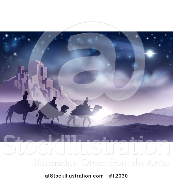 Vector Illustration of a Shooting Star of David over the Wise Men and Bethlehem