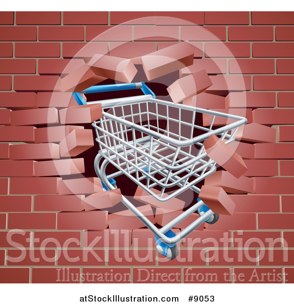 Vector Illustration of a Shopping Cart Crashing Through a 3d Brick Wall