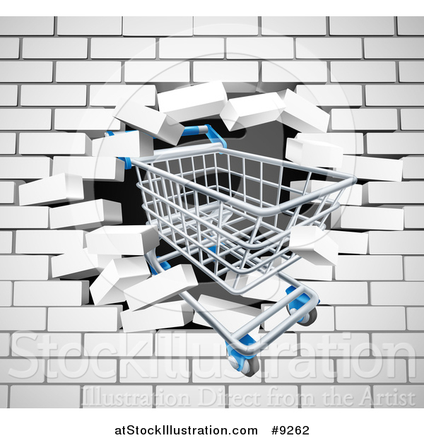 Vector Illustration of a Shopping Cart Crashing Through a 3d White Brick Wall