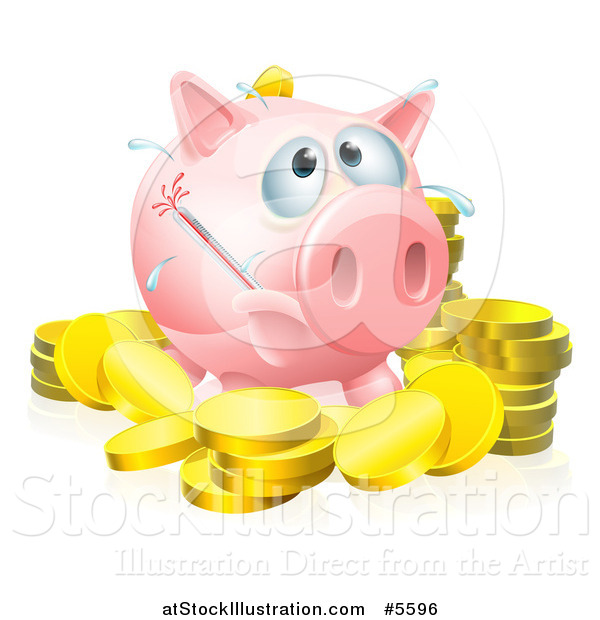 Vector Illustration of a Sick Piggy Bank with a Fever and Bursting Thermometer and Gold Coins