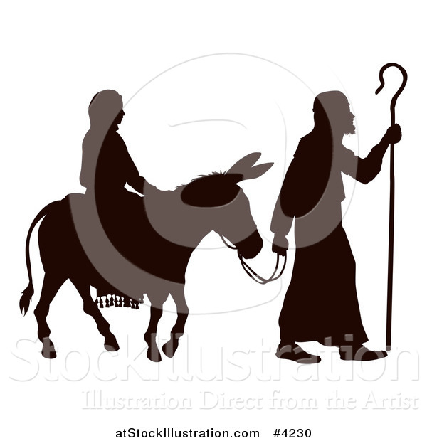 Vector Illustration of a Silhouette of Mary and Joseph with a Donkey Nativity Scene