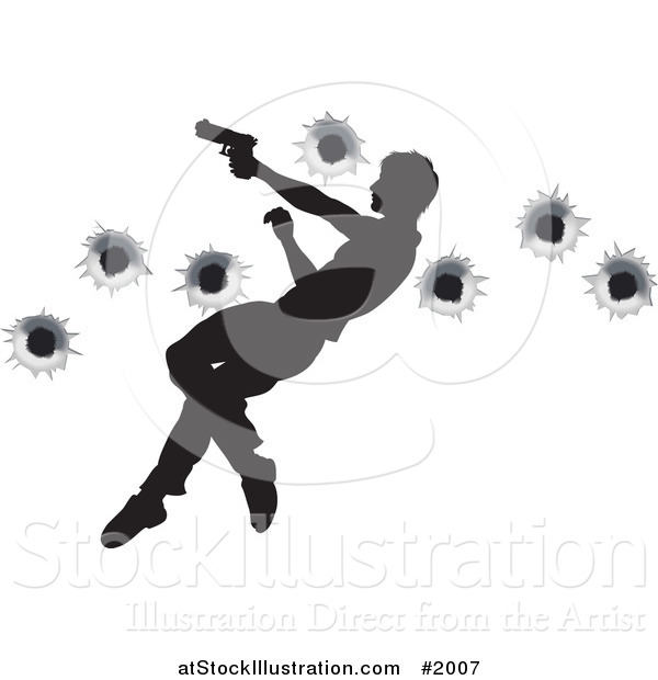 Vector Illustration of a Silhouetted Action Hero Leaping Through the Air and Shooting