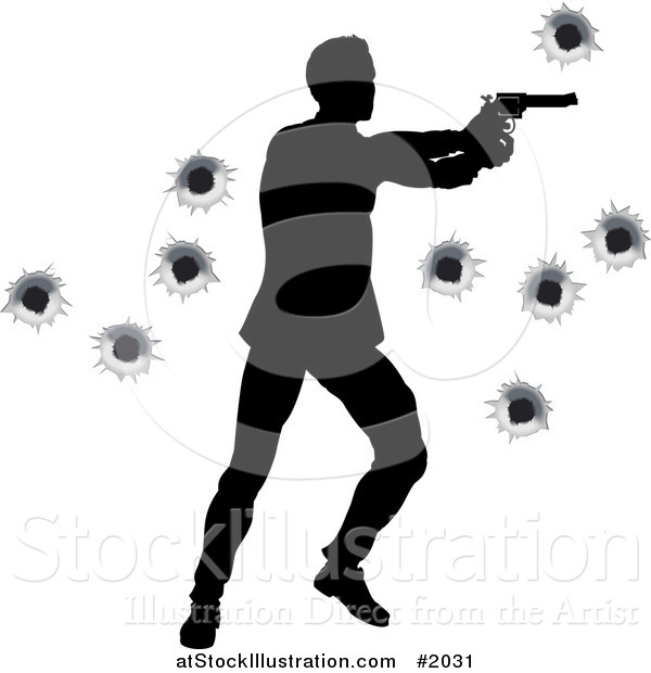 Vector Illustration of a Silhouetted Action Hero Shooting, over Bullet Holes