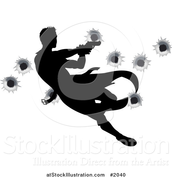 Vector Illustration of a Silhouetted Action Hero Shooting, over Bullet Holes