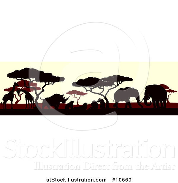Vector Illustration of a Silhouetted African Animals and Trees at Sunset