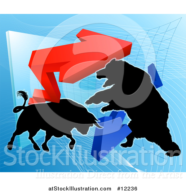 Vector Illustration of a Silhouetted Bear Vs Bull Stock Market Design with Arrows over a Graph