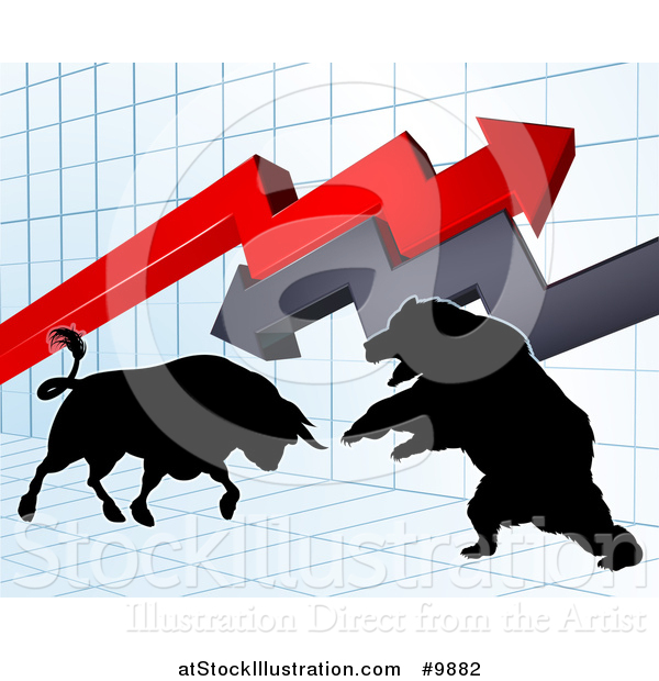 Vector Illustration of a Silhouetted Bear Vs Bull Stock Market Design with Arrows over a Graph